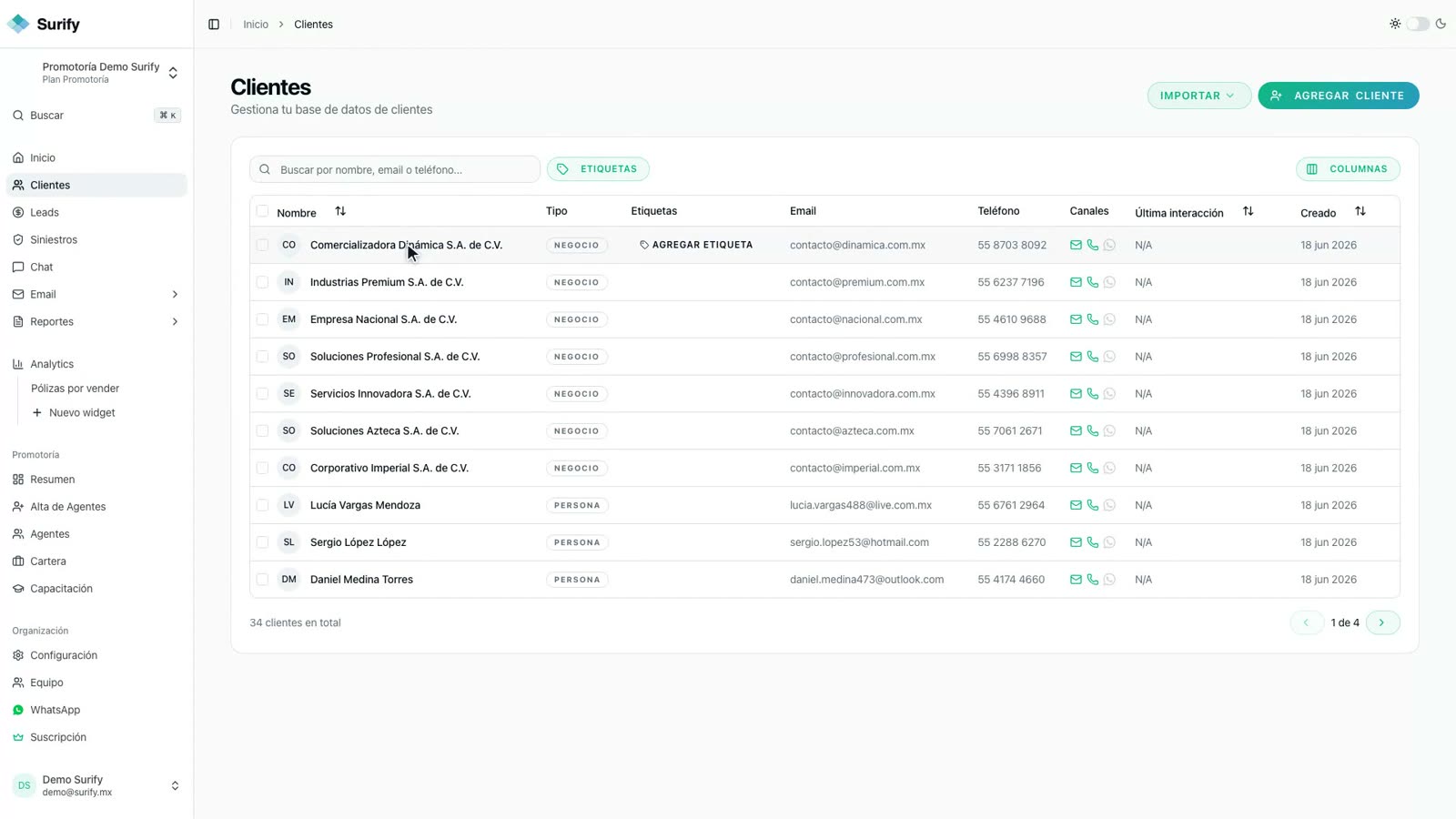 El panel de Surify con la lista de clientes de una agencia